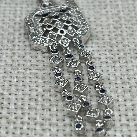 Technibond Platinum Sterling Silver & Blue Sapphire CZ Pendant Necklace - Picture 5 of 17